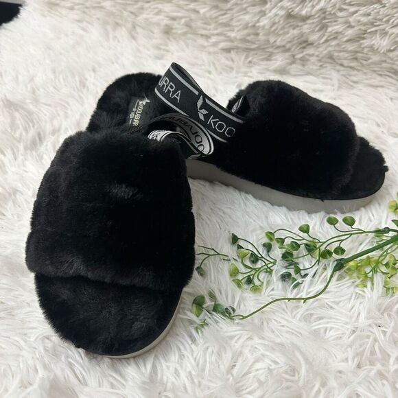 Koolaburra by UGG FUZZ'N II Women's Size 7 Faux Fur Slipper Sandals Black - Picture 1 of 6